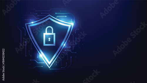cyber security and privacy data protection. digital padlock symbol with futuristic shield on blue circuit board background with copy space