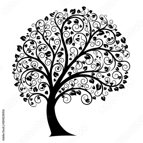 Stylized black silhouette of a tree with ornate swirling branches and leaves