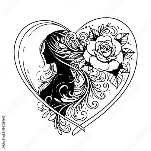 Elegant Silhouette of a Woman with Flowing Hair and Rose within a Heart Outline