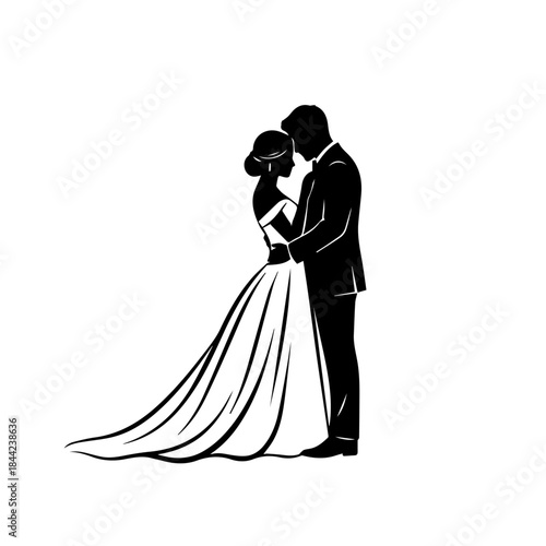 Elegant silhouette illustration of a newlywed couple embracing, symbolizing love and commitment
