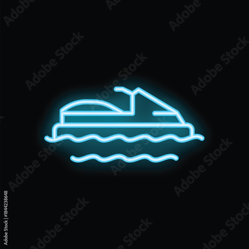 Blue neon icon of a jet ski sailing on stylized water waves, on a black background
