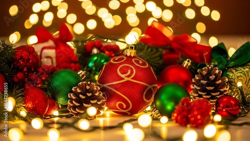 Festive Christmas Decorations with Red Baubles, Pinecones, and Lights on Wooden Surface, Close-up View, Holiday Atmosphere