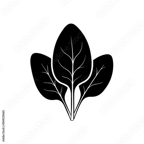Stylized black silhouette illustration of fresh spinach leaves, an isolated icon representing healthy food and natural ingredients