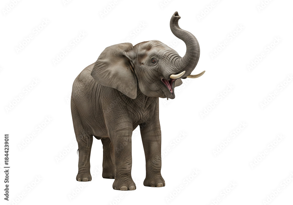Obraz premium Expressive Elephant with Raised Trunk on White Background