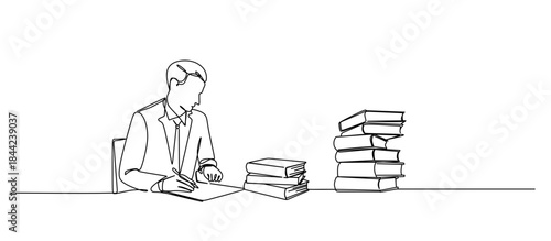 Continuous single line drawing of a young man and woman looking at a laptop screen, writing and reading line art vector illustration