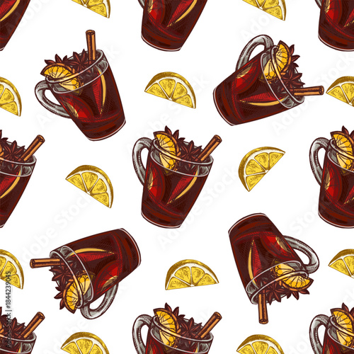 Hand drawn vintage seamless pattern of mulled wine with lemon and cinnamon in color on white background