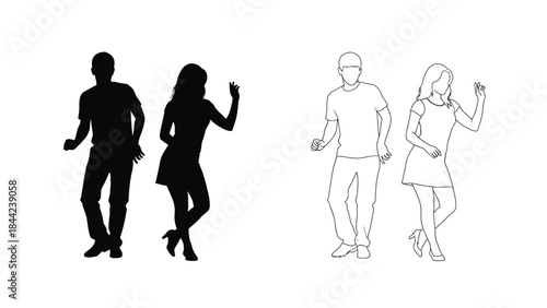 Dynamic silhouettes and line art of a dancing couple in motion providing versatile design elements for nightlife and music projects