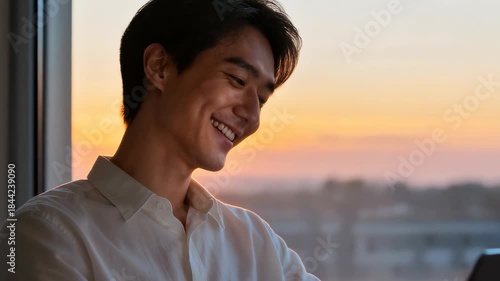 Happy asian man enjoying remote work, smiling while working on laptop near window during beautiful warm golden sunset