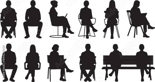 Silhouettes of People Sitting on Chairs and Bench