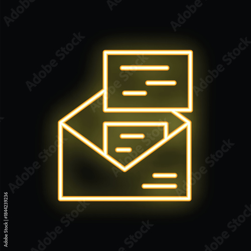Simple icon of an open envelope with two letters sticking out of it is glowing yellow