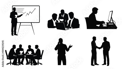 Collection of black silhouette icons depicting various business professionals engaged in meetings presentations and individual office tasks