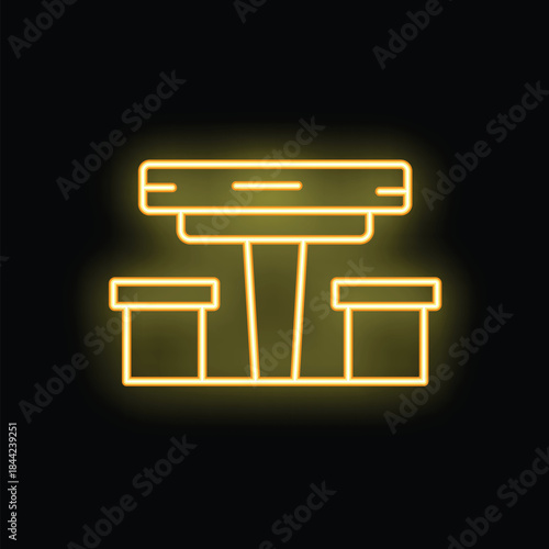 Yellow glowing neon line picnic table with benches on wheels icon isolated on black background. Vector