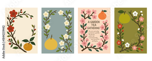 梅の花と季節の果実(みかん、デコポン、文旦、八朔)のフレームカードセット、Plum Blossoms and Seasonal Citrus Frame Card Set