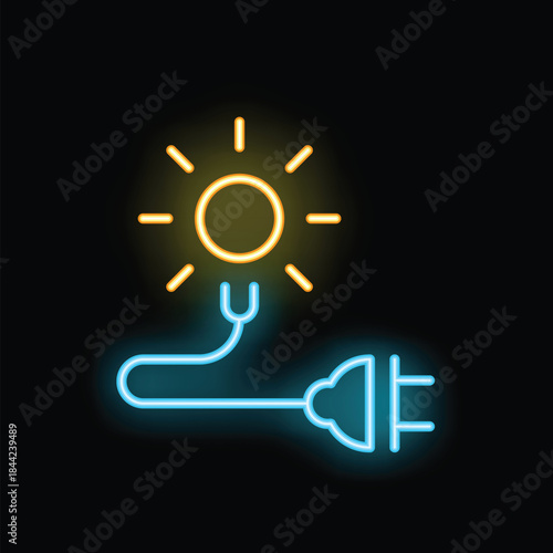 Neon icon representing the process of converting solar energy into electricity, symbolized by a plug and a bright sun