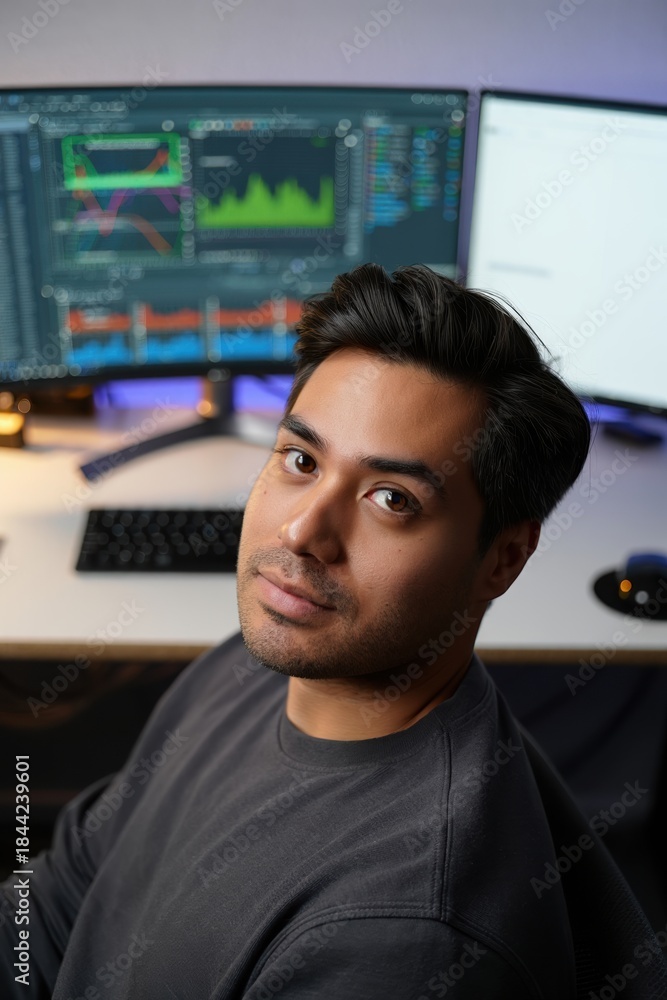 Fototapeta premium Calm software engineer at multi-monitor desk with data visualizations and focus