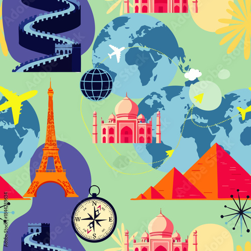Seamless pattern showcasing iconic global landmarks like the Eiffel Tower, Taj Mahal, and Great Wall, symbolizing world travel and exploration.