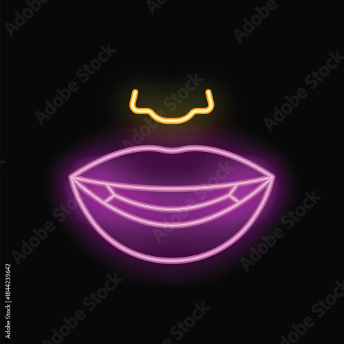 Neon sign showing a pair of smiling lips with piercing on black background
