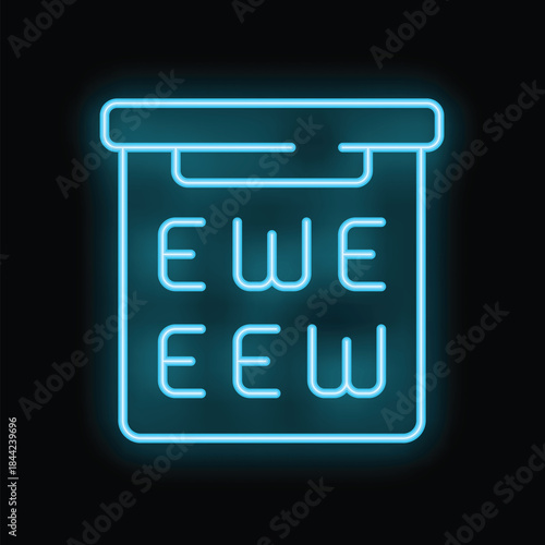 Neon medical icon of an ophthalmologic test for measuring visual acuity, glowing on a black background