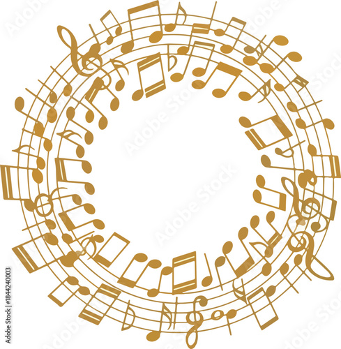 Gold musical notes and staves arranged in a circular frame on white