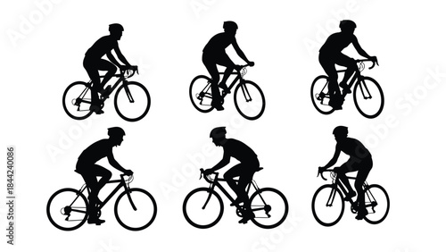 Collection of five distinct black silhouette vector graphics depicting cyclists riding road bikes in various dynamic poses