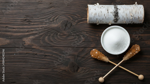 White sugar in bowl with brown rock candy sticks and birch log on dark wooden background, top view with copy space