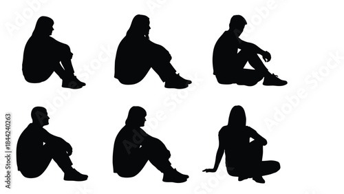 Collection of six diverse human silhouettes sitting on the ground in various contemplative or relaxed poses
