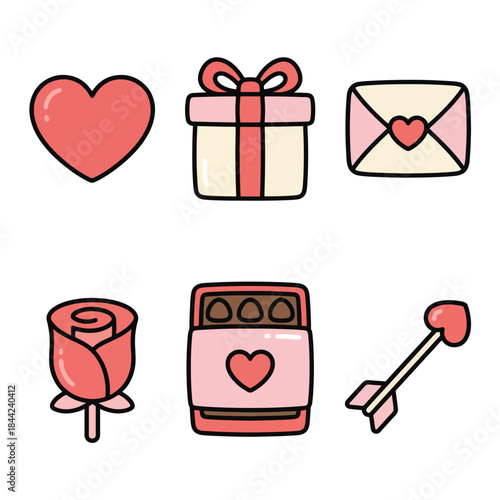A collection of cute, hand-drawn icons perfect for Valentine's Day or any occasion celebrating love, featuring hearts, gifts, and roses