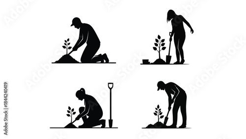 Collection of four black silhouette icons depicting men and women actively planting small trees and seedlings in the earth