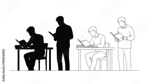 Collection of male figures reading books in various poses including seated at a desk and standing illustrating study and knowledge acquisition