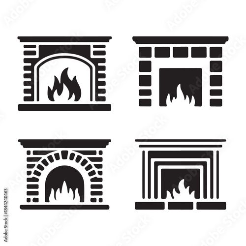 Fireplace brick hearth home interior cozy heating silhouette vector icon