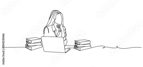 Continuous single line drawing of a young man and woman looking at a laptop screen, writing and reading line art vector illustration