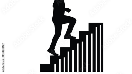 Silhouette of a person climbing upward on a bar graph representing career growth and achieving financial success goals