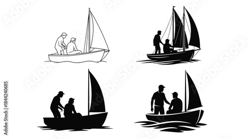 Collection of four sailboat icons featuring fishermen or sailors in various line art and silhouette styles on water