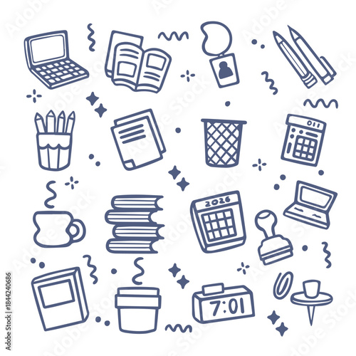 Bussines and Office Work Tools Icon Set in Outline Flat Style Blue 