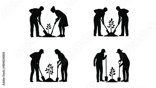 Collection of four black silhouette icons depicting diverse couples and individuals planting small trees outdoors for environmental conservation