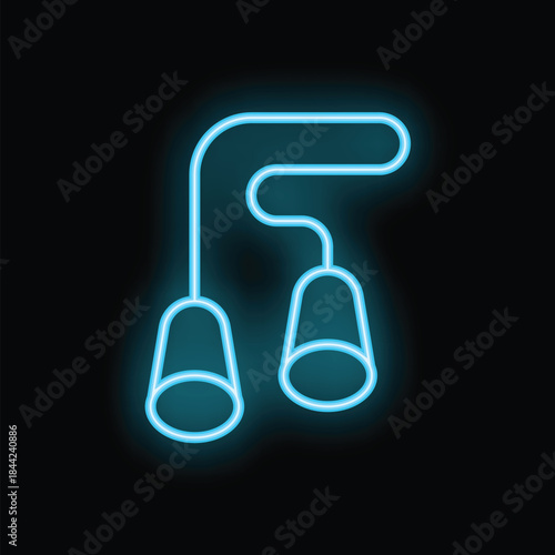 Minimalist blue neon icon of two ceiling lamps illuminating a dark room