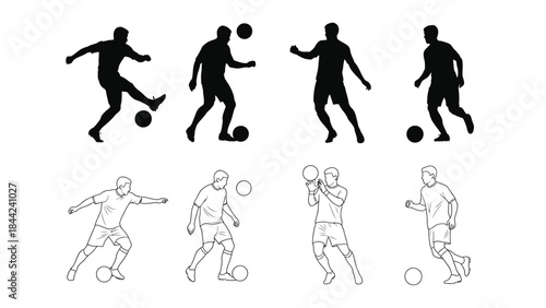 Collection of eight distinct soccer player actions featuring both solid black silhouettes and clean outline drawings for versatile design use
