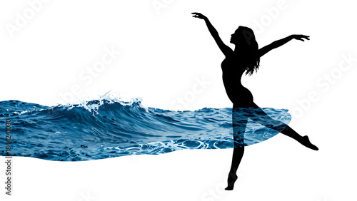 Double Exposure Silhouette of Dancer Filled with Ocean Waves