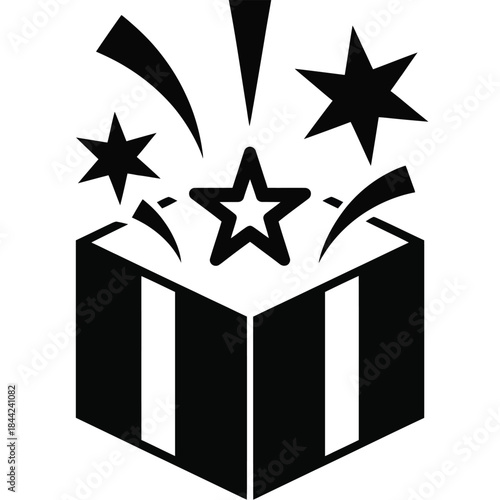 Opened striped gift box with exploding fireworks stars and confetti celebrating prize announcement surprise award vector illustration graphic
