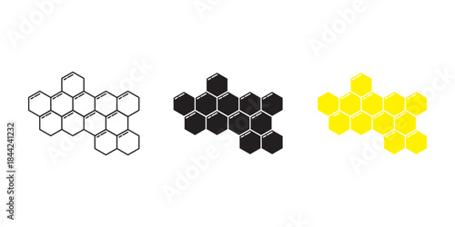 Honeycomb icon set. Honey symbol. Bee wax sign. Yellow hexagon comb vector illustration isolated.