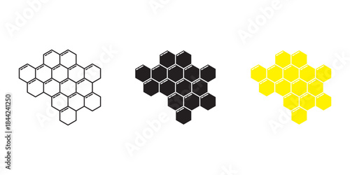 Honeycomb icon set. Honey symbol. Bee wax sign. Yellow hexagon comb vector illustration isolated.