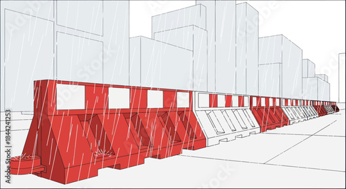 Red and white road safety barriers line an urban street in the rain.