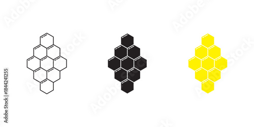 Honeycomb icon set. Honey symbol. Bee wax sign. Yellow hexagon comb vector illustration isolated.