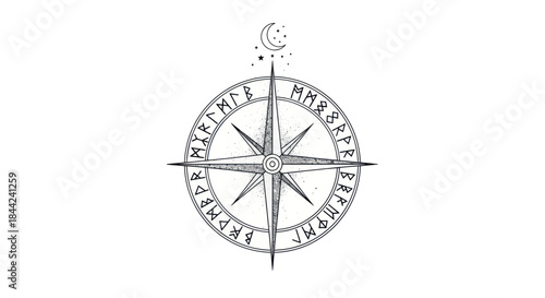 Viking Aegishjalmur compass with runic circle, moon, and stars, black and white mystical design.