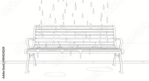 Rainy day scene with a park bench.