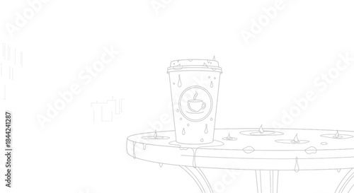 Rainy day coffee cup on an outdoor urban cafe table line art.