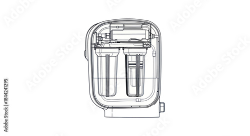 Detailed line drawing of a water purification system showcasing its internal components.