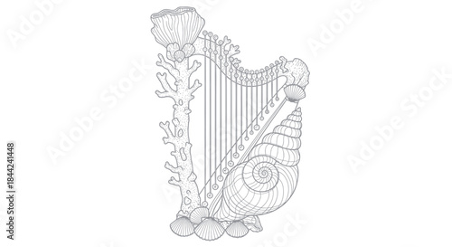 Whimsical marine harp illustration crafted from coral and seashells.