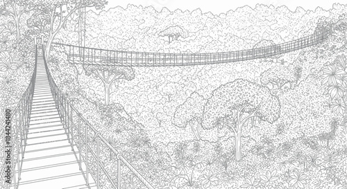 Detailed Line Art of a Canopy Walkway Bridge in a Dense Jungle Forest