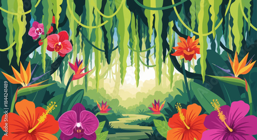 Vibrant tropical jungle path with exotic flowers and lush green foliage.